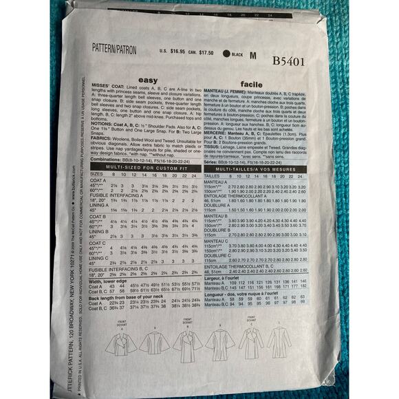 Butterick Sewing pattern 5401 womens Coat trench jacket sz 16-24 - Picture 4 of 5